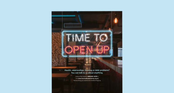 Poster with neon sign with the title "time to open up"