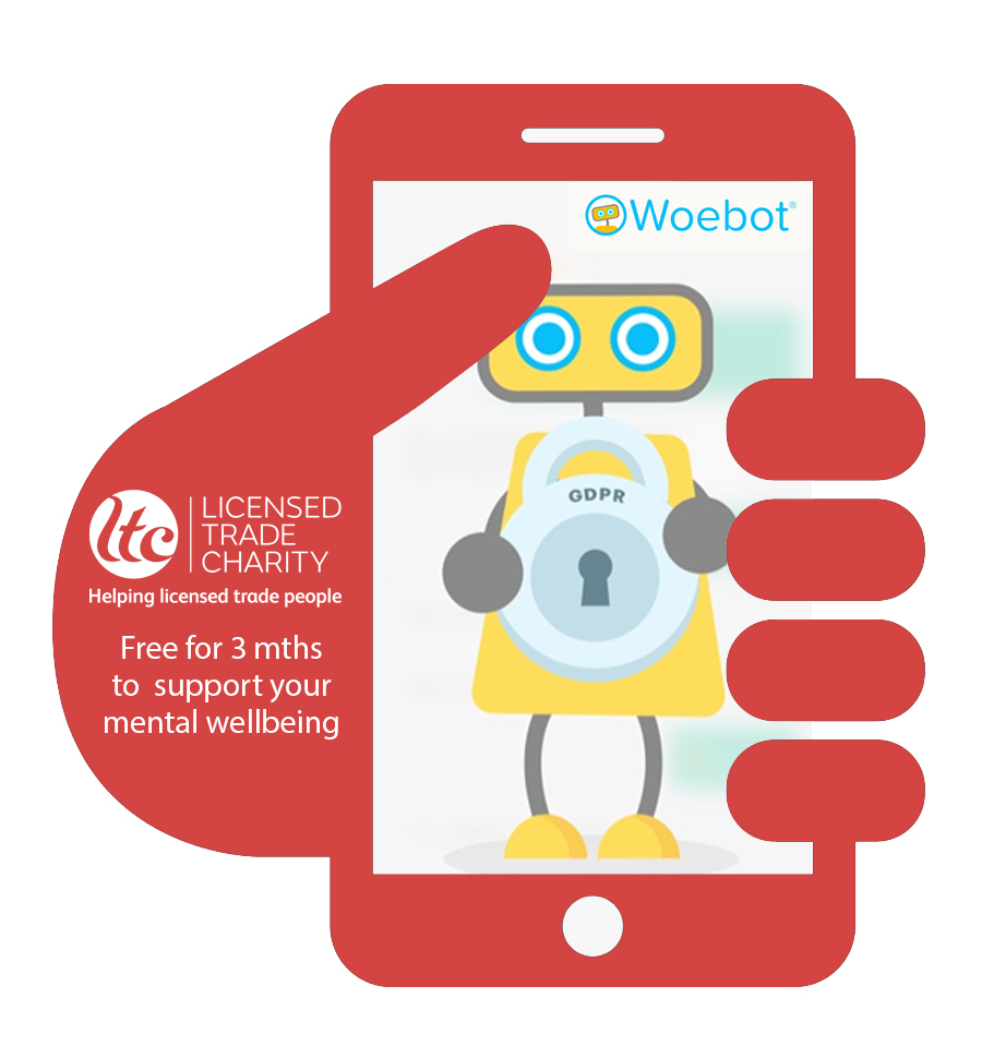 Woebot image within a mobile phone and hand